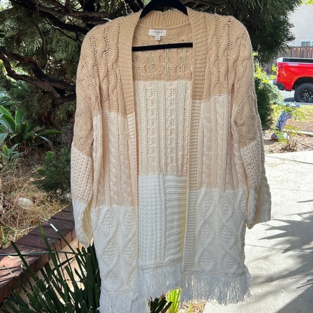 Umgee color block‎ cable knit open front cardigan cream oversized S polyester